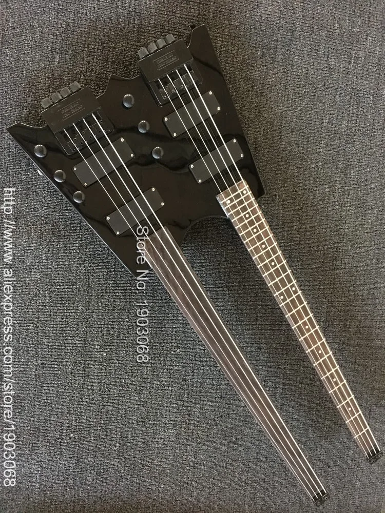 

Black Double necks Headless Electric bass guitar, 4 string bass + 4 string Bass Combo, black Headless Guitarra