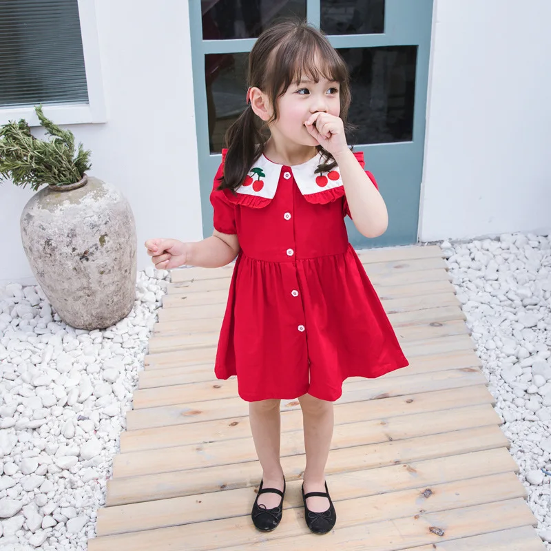 2019 Crianças Roupas Meninas Coreanas Vestido Navy Vento Lapela Vestido Cereja