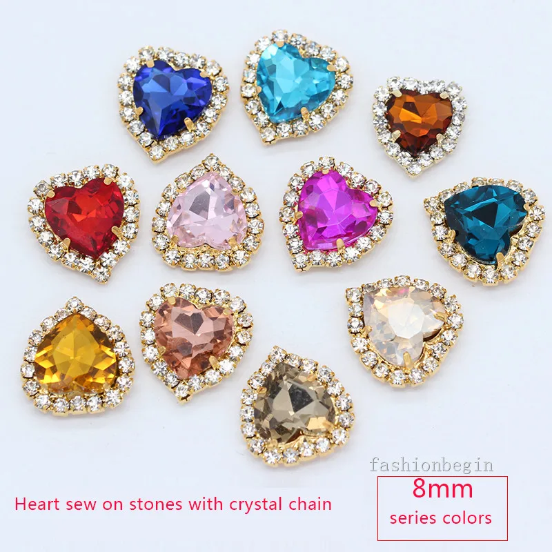 8/10/12/18 color heart shape crystal glass stone sew on flatback rhinestone chain trim Gold setting Craft clothes jewelry making