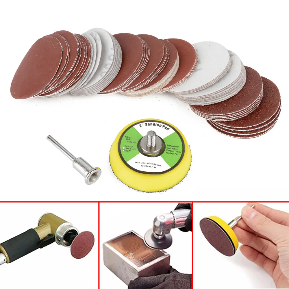 

1pc Abrasive Tools 1/4'' Sanding Sander Backing Pad + 60pcs 50mm Sandpaper Disc + 1pc Shank