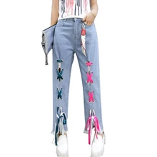 Женские джинсы, синие широкие брюки, женские джинсы, женские модные свободные штаны с высокой талией, женские джинсовые штаны с кисточками, брюки на шнуровке YM646