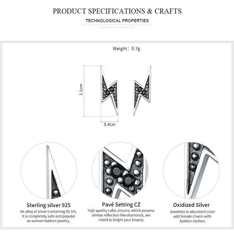 WOSTU,, 925 пробы, серебро, черный, молния, серьги-гвоздики для женщин, хорошее S925 ювелирное изделие, подарок FIE156