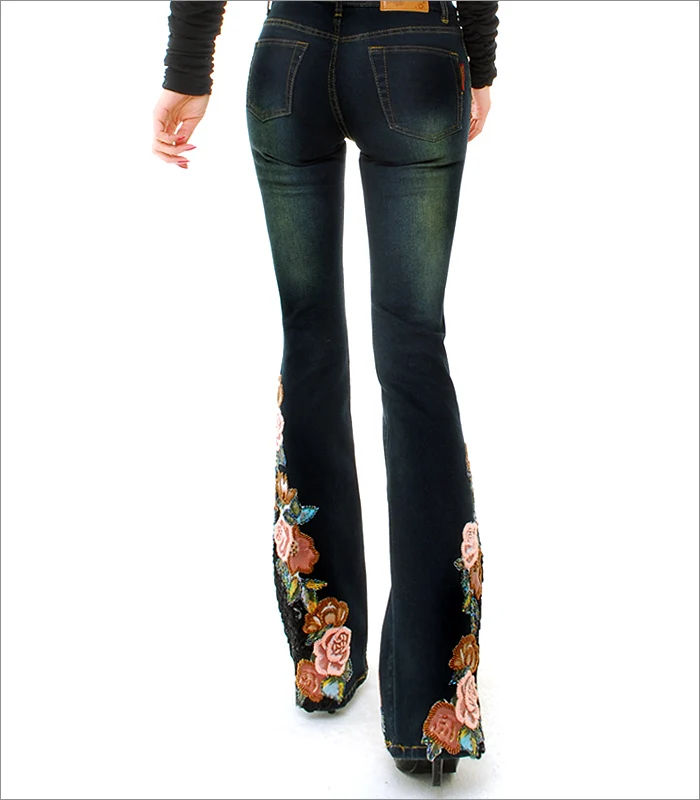 Горячая Распродажа, роскошные расклешенные джинсы с вышивкой, средняя талия, большие расклешенные джинсы, женские сапоги, джинсы ручной работы с вышитыми розами и бисером