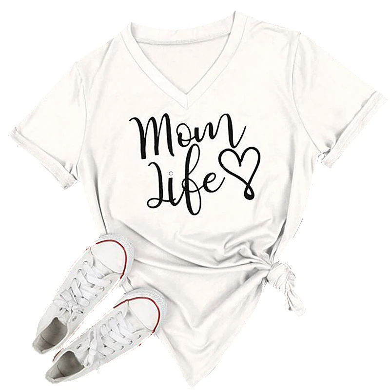 

Summer Casual T Shirt Female Tee Loose Tops Fashion Women T-Shirts Mom Life Letter Printed V-Neck Short Sleeve Women's T-shirts