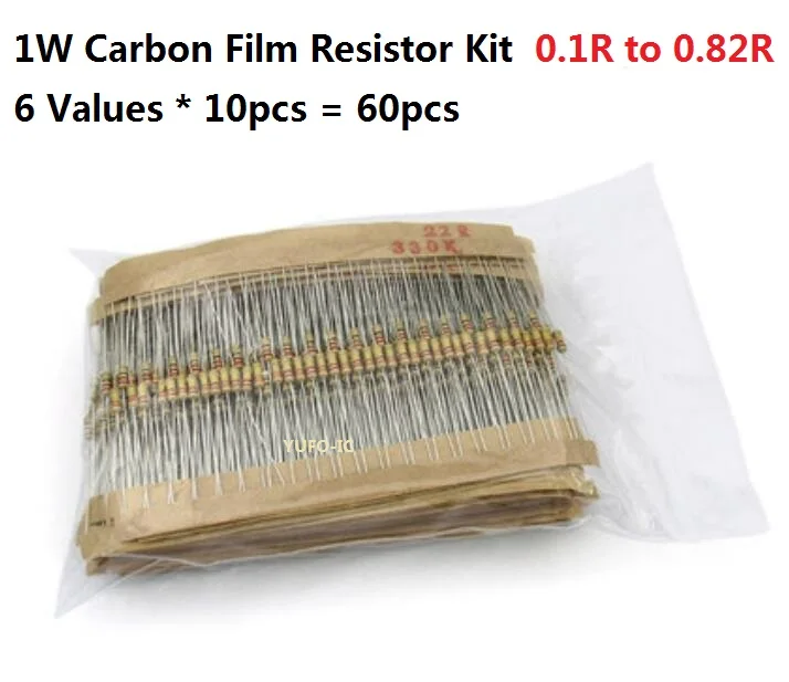 

6values * 10pcs=60pcs 0.1R-0.82R 1W Carbon Film Resistor Kit Pack Assorted Kit Set 0.22R 0.33R 0.5R 0.68R 0.82R OHM Assortment