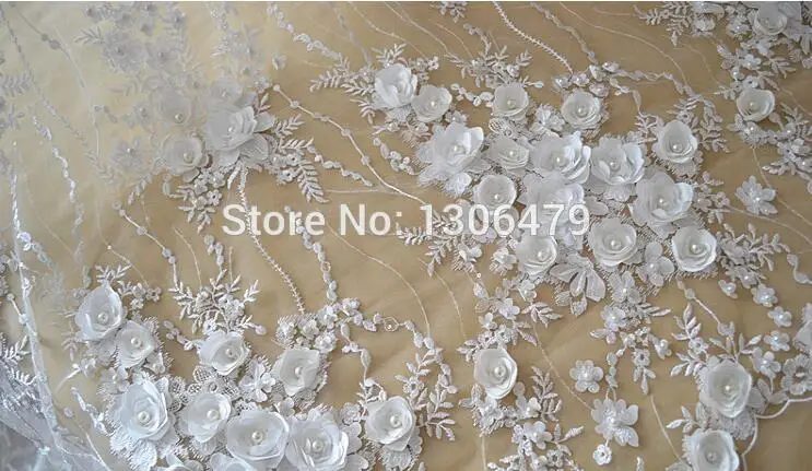 Белая кружевная ткань для свадебного платья, 3D шифоновая кружевная ткань с цветами для ногтей, Высококачественная Европейская кружевная ткань, RS142