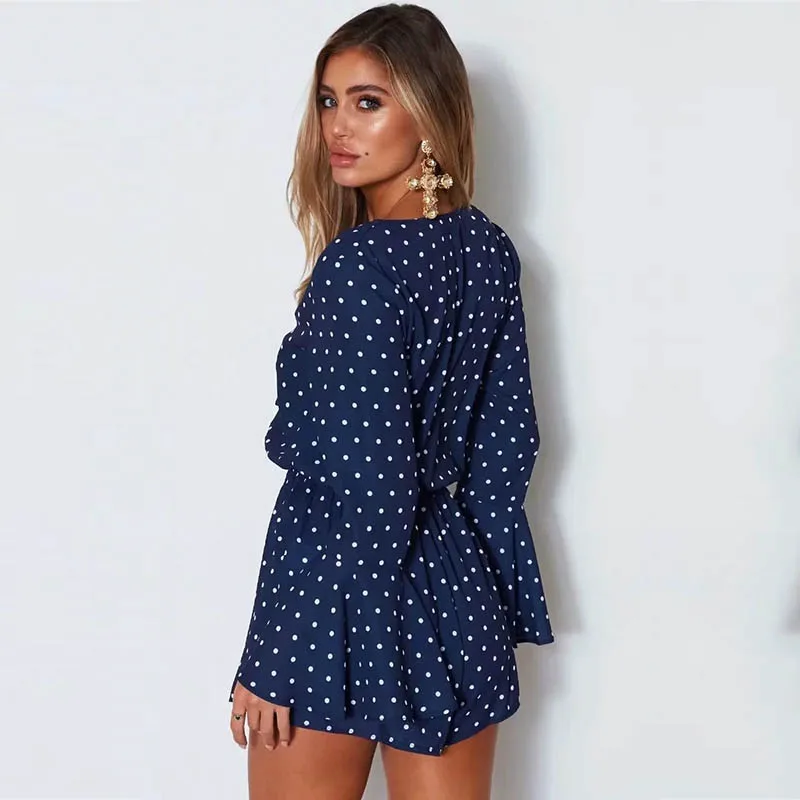 Yinlinhe розовый горошек Playsuit для женщин с длинным рукавом Свободные Летний Пляжный комбинезон V образным вырезом сексуальный короткий комбинезон Комбинезоны для малышек Boho 810