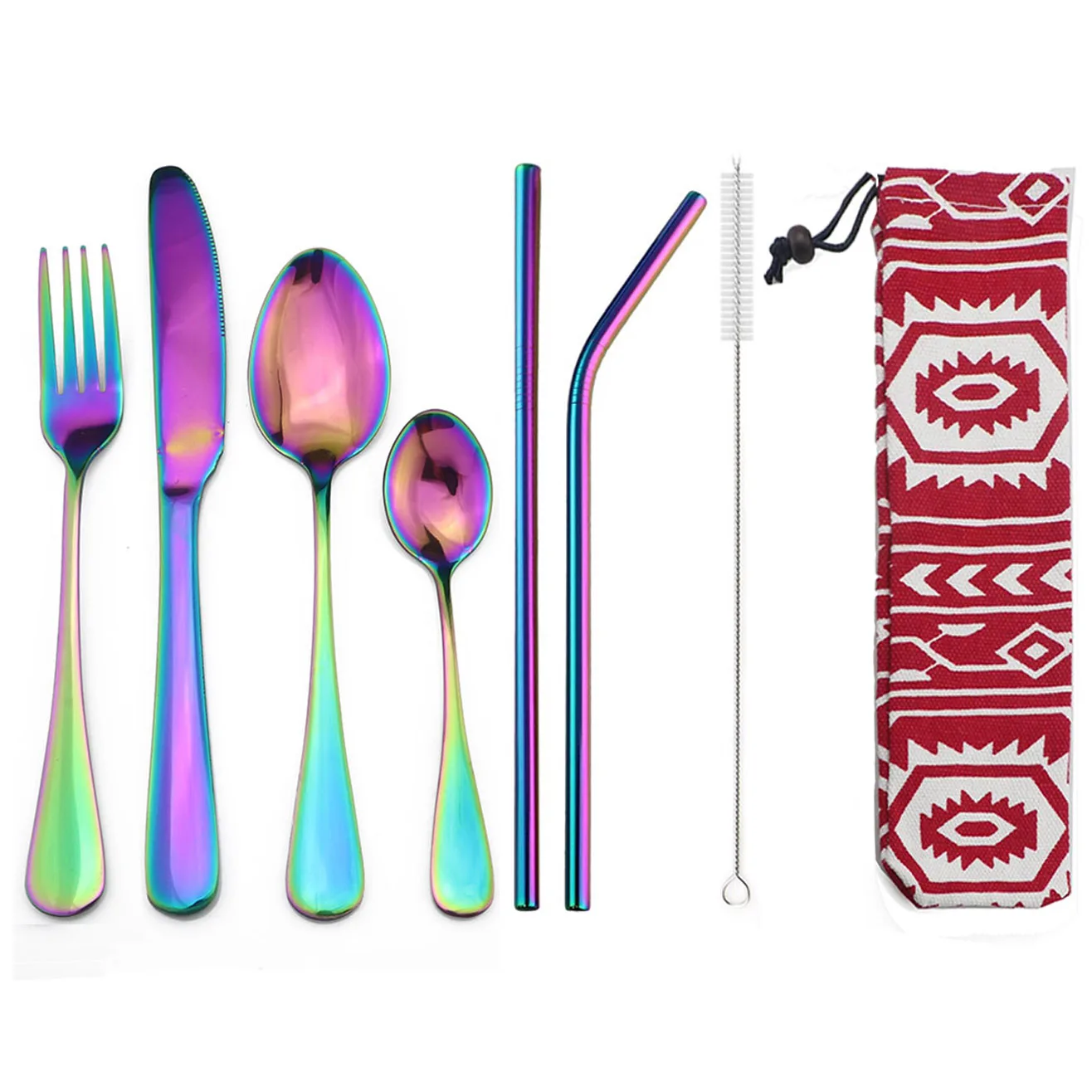 

8Pcs/Set Reusable Rainbow Portable Flatware Set Stainless Steel Dinnerware Cutlery Set Knife Fork With Carry Straw Cloth Bag Set