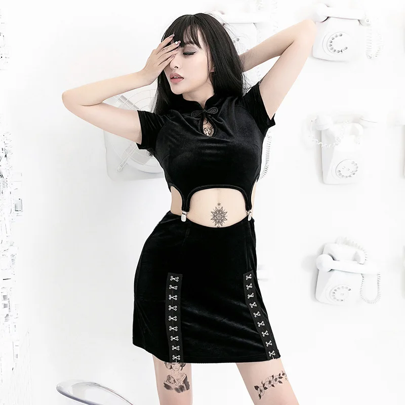 

Gothic Sexy Black Velvet 2 Piece Cheongsam Mini Dress 2019 Summer Women Short Sleeve Stand Neck Slim Elegant Party Split Dress