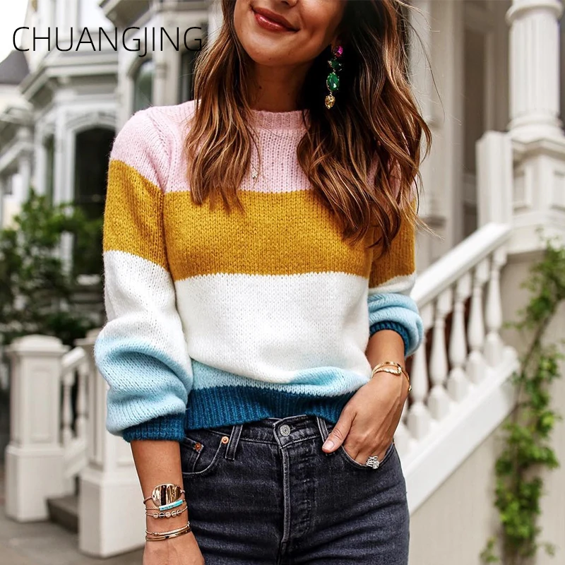 

Casual Patchwork Pullover Women Sweater Autumn Winter Fashion O-neck Long Sleeve Loose Knitted Sweater Ladies Striped Sweaters
