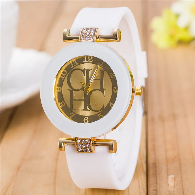 

Hot sale Fashion Brand Gold Geneva sport Quartz Watch Women dress casual Crystal Silicone Watches montre homme relojes hombre