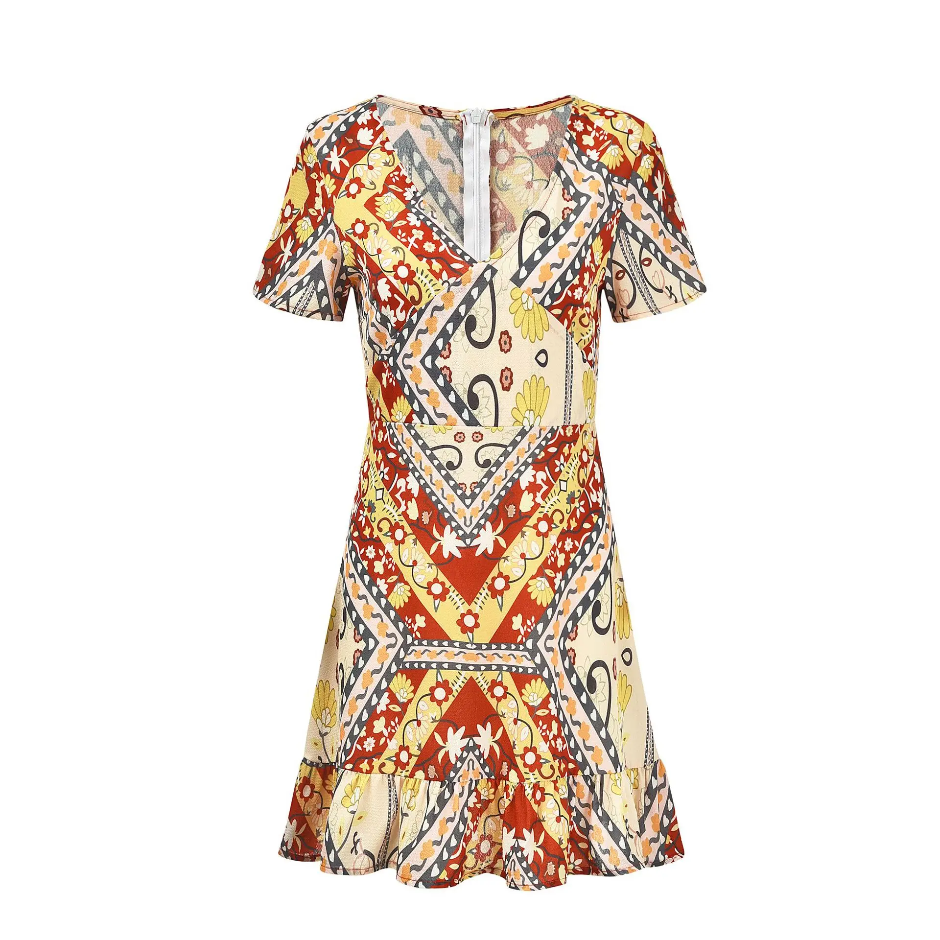 

Bohemian Ethnic Style Dress New V-neck Printed Chiffon Short Dress Short Sleeve Printing A-line Dress