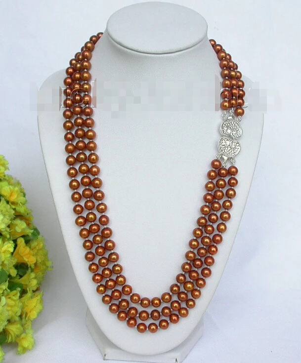 

AAA 3row round coffee pearl necklace 925sc clasp j7380