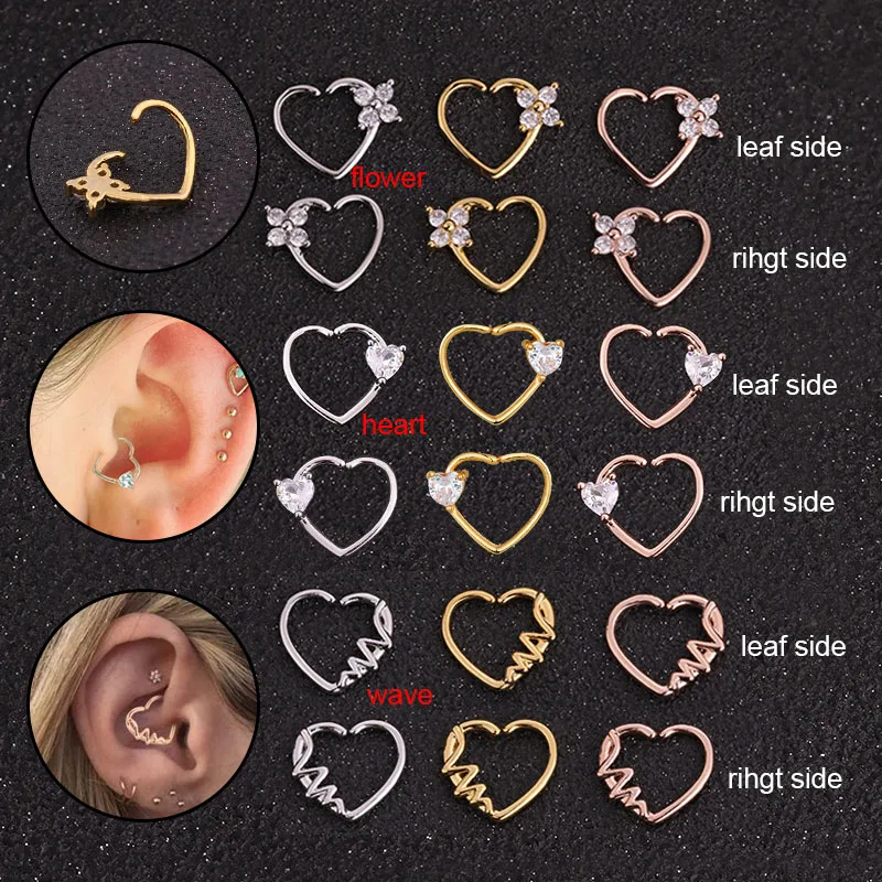 1PC Heart Hoop Daith Piercing Ear Jewelry Crystal CZ Heart Tragus Rook