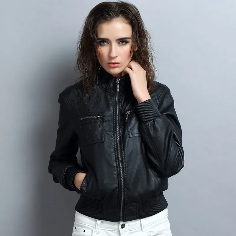 Fashion short design leather jacket women faux leather clothing coat zipper stand collar slim autumn winter 2017 leather jackets