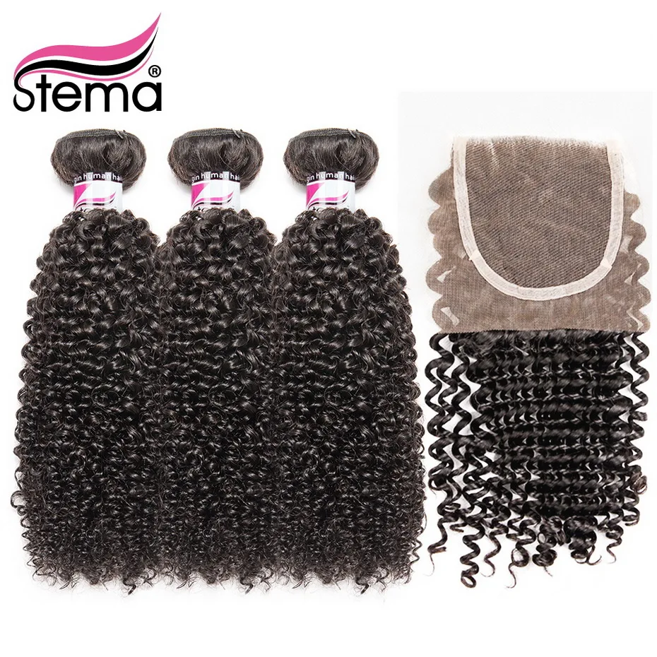 

Stema Mongolian Kinky Curly Human Hair Bundles With Closure 3PCS Hair Weaves With 1PC Lace Closure 4x4 Remy Hair Extension