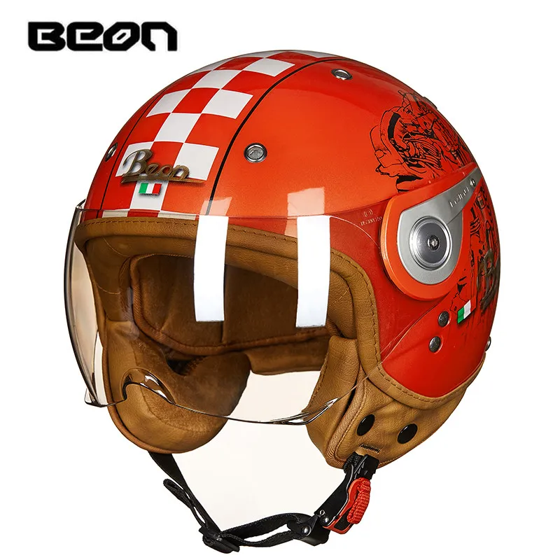 Новое поступление бренд BEON мотоциклетный шлем Ретро Скутер открытый шлем Винтаж 3/4 мотоциклетный шлем capacete B-110A cascos - Цвет: Red grid