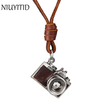 

NIUYITID Men Leather Pendant Necklace For Vintage Punk Camera Fashion Long Genuine Leather Chain Necklace Male accessoires homme