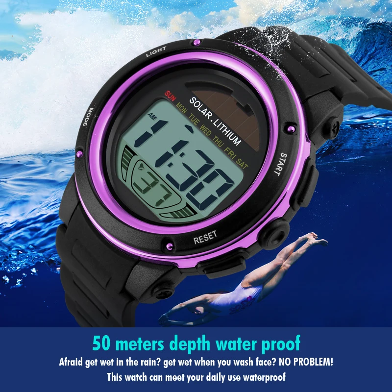 SKMEI عارضة الطاقة الشمسية 50 M مقاومة للماء المعصم الرياضة في الهواء الطلق الساعات الرجال صدمة ساعة رقمية Relogio Masculino