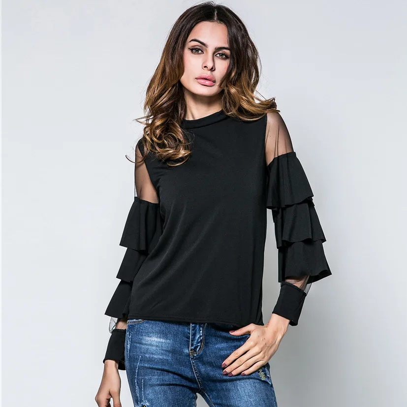 spring women dashing gauze cascade ruffles splicing flare sleeve blouse solid color casual loose tiered sheer female shirt tops |