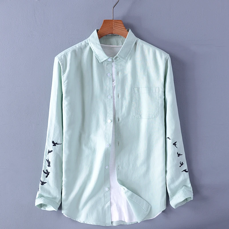 2019 Италия стиль с длинным рукавом льняные и хлопковые рубашки мужские брендовые вышивка Модная рубашка мужская Повседневная белая рубашка