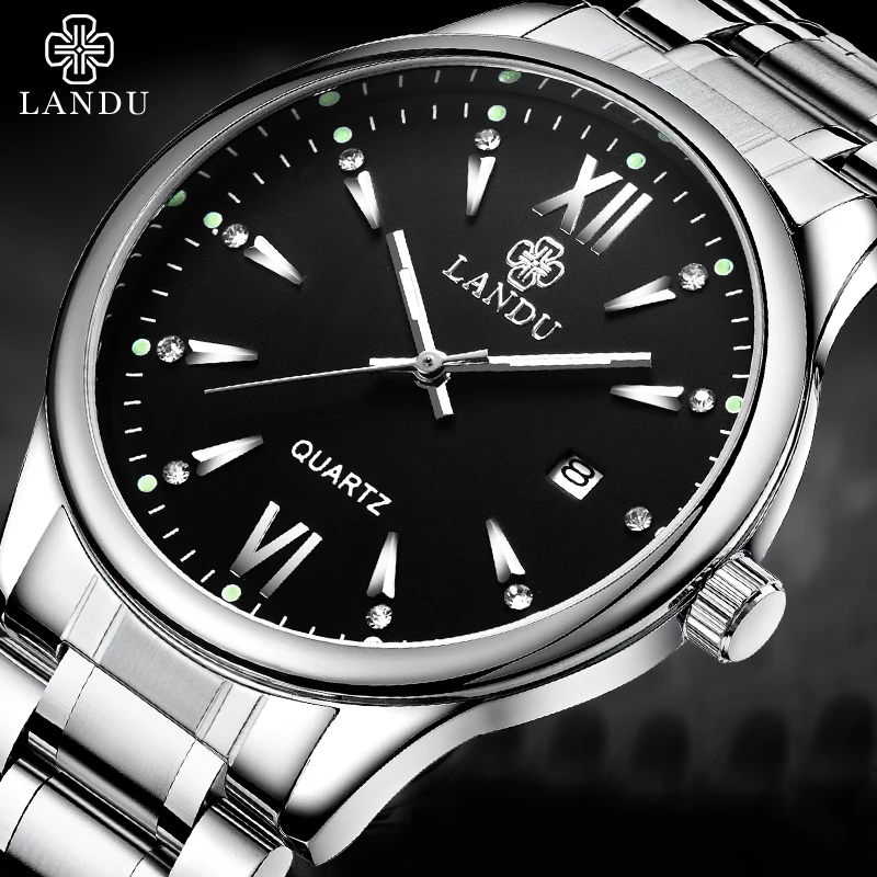 

LANDU Brand Stainless Steel Relojes Luminous Hours Clock Dress Men Casual Quartz Watch Sport Wristwatch 2016 New Men's Watch