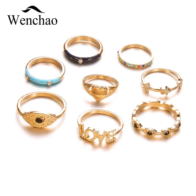 

8Pcs/lot Vintage Punk Midi Rings Set Gold Color Boho Female Evil Eye Love Crystal Knuckle Ring For Women Fashion Jewelry Gift