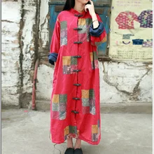 Women Cotton Coats Jackets Vintage Autumn Loose Stitching Plaid Stand Collar Plate Button Linen Warm National