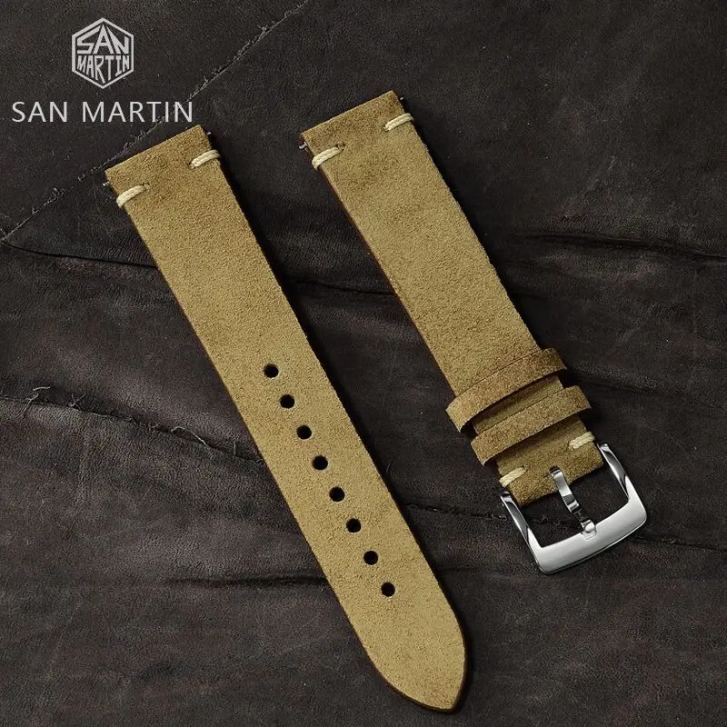 

San Martin 20mm Genuine Leather Strap Watch Band Stainless Steel Tongue Buckle Generic
