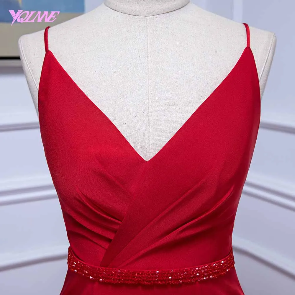 YQLNNE красный Длинные платье для выпускного с подолом в виде русалочьего хвоста глубоким v-образным вырезом Кристаллы Вечернее платье с бисером платье