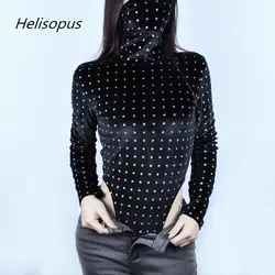 Helisopus 2019 весна новые бархатные женские боди модные черные тонкие с длинными рукавами бархатные женские боди комбинезон Женская одежда