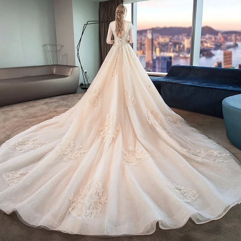 Robe De Mariage роскошное свадебное платье бальное платье с коротким рукавом Свадебные платья Шампанское принцесса свадебное платье с длинным хвостом