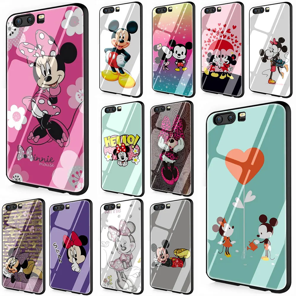 

Mickey Minnie Mouse Tempered Glass Cover Case for Huawei P10 P20 P30 Mate 20 Honor 9 10 Lite Pro 7A 8X P Smart