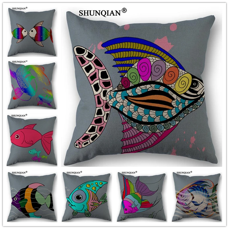 WJY4111 Custom Pillowcase Colorful fish Cotton Linen One Side Pillow