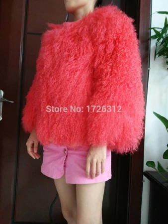 Женская натуральная монгольская овечья шуба женская кожаная короткая стильная пляжная шерстяная куртка с мехом женская верхняя одежда - Цвет: watermelon red