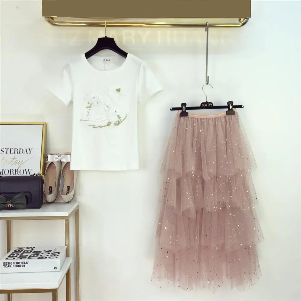 

2018 Summer Women Short Sleeves Beautiful T-shirt + Layered Mesh Skirt 2 pcs sets Fashion Female Suits A1362