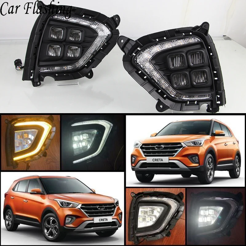 2 шт. DRL для hyundai Creta IX25 Светодиодный дневной ходовой светильник, противотуманная фара с желтым указателем поворота