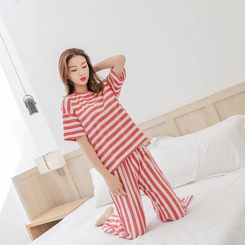 Vertical Stripe  Pyjamas Women Soft Cotton Breathable Two Piece Set Sleeping Clothes Pijama Set  Nightwear Ladies Pajamas Women