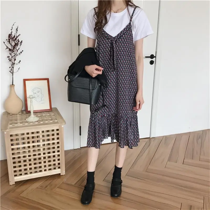 Women's Japan Harajuku Ulzzang Sweet Geometric Print Pleated Chiffon Strap Dress Female Cute Korean Kawaii Dresses For Women Women's Japan Harajuku Ulzzang Sweet Geometric Print Pleated Chiffon Strap Dress Female Cute Korean Kawaii Dresses For Women