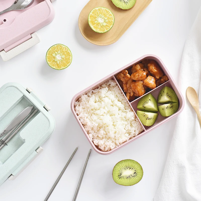 Small Leak-Proof Wheat Straw Lunchbox For Kids Student Food Storage Container Japanese Plastic Bento Lunch Box Accessories Set