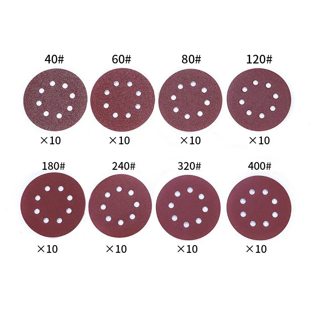 80 шт 125 мм/5 дюймов 8 круглые отверстия шлифование наждачной бумагой диски шлифовальный диск колодки крюк и петля 40/60/80/120/180/240/320/400 наждачная