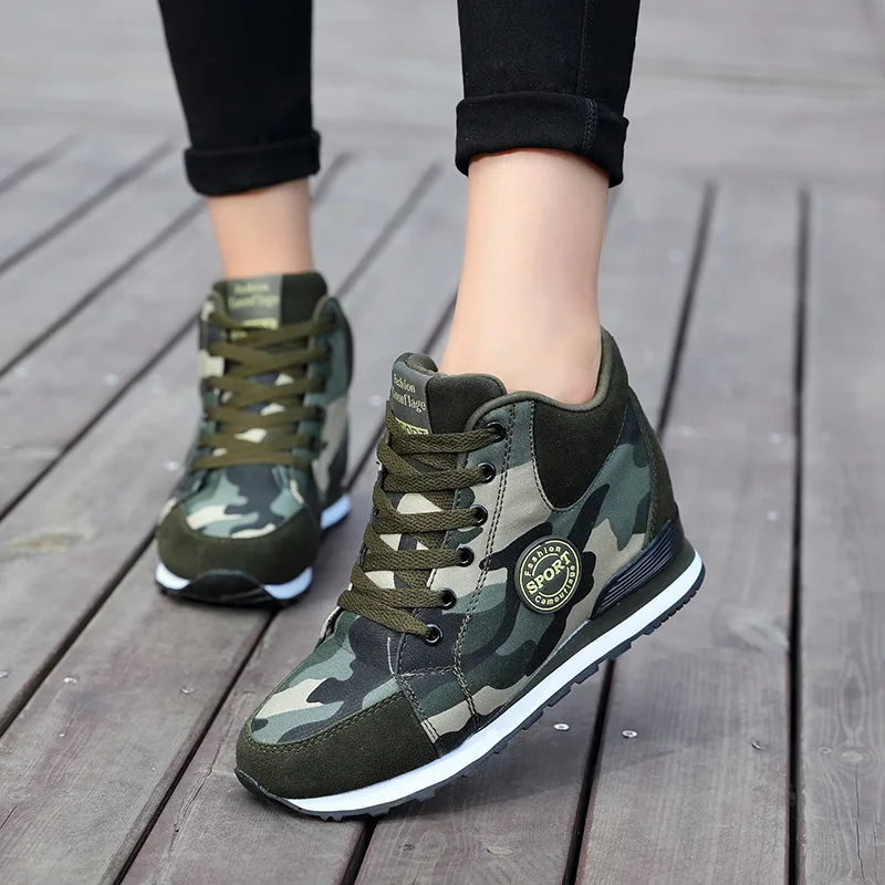 

2019 Spring High Top Wedge Platform Sneakers Women Casual Shoes Hidden Heels Ladies Sneakers Camouflage Women Shoes Basket Femme