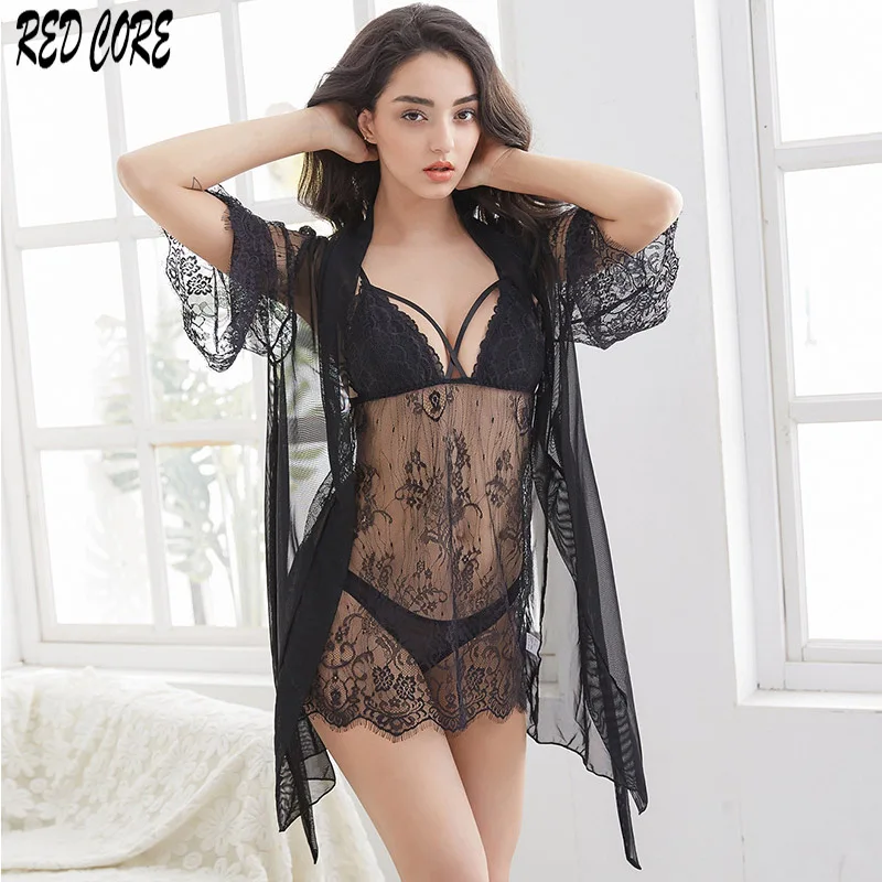 REDCORE Для женщин пижамы 3 предмета Set Lingerie кружевное нижнее белье дамы сексуальное