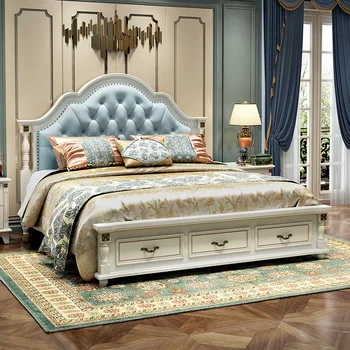 

Sky blue color solid wood leather bed fancy princess bed