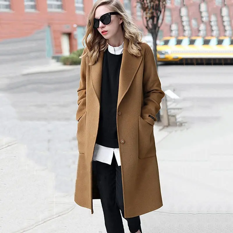 Office Ladies Winter Casual Elegant Vintage Plus Size Wool Women Long Trench Coats Loose Lapel Button Pocket Autumn Overcoats