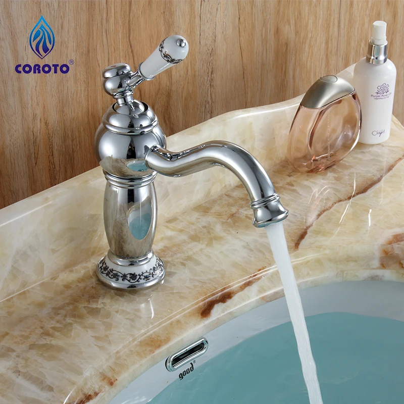 COROTO Brass Bathroom Faucet Blue And White Porcelain Kitchen Faucet Sink Basin faucet Mixer Tap Single Handle Lavatory Faucets 