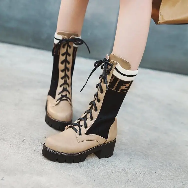 

2018 New Winter Women Ankle Boots Patchwork Work Leather Round Toe Stretch Fabric Winter Boots For Girl Front Lace Up Lady Shoes