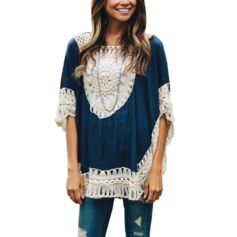 

Autumn Oversized Lace Crochet Knitted Blouses Women Boho Tunic Top Blusa Feminina Shirt Tropical Tops 40430