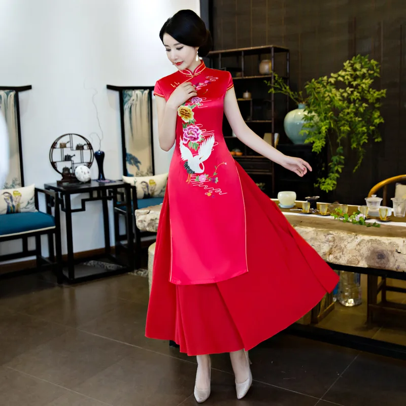 Китайский красный традиционное платье с коротким рукавом желтый cheongsam Традиционный китайский платья для женщин секс qipao Повседневная