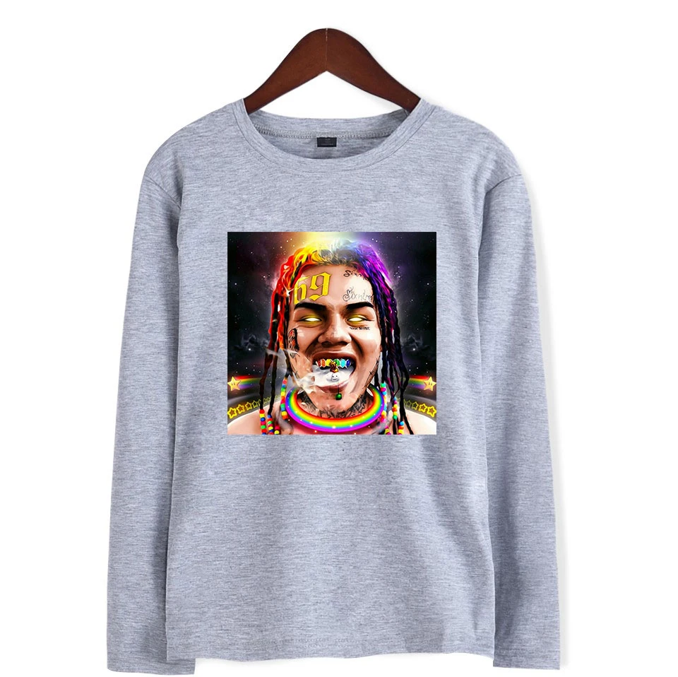 Модные футболки 6ix9ine с принтом в стиле рэпера длинным рукавом для мужчин и женщин